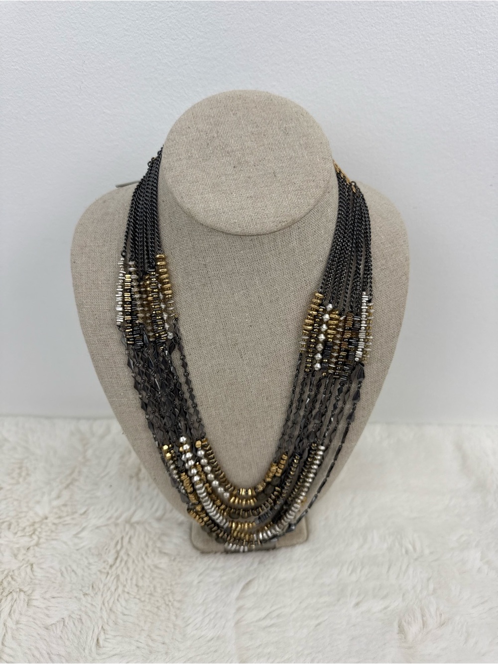 Stella & Dot Relic statement Layered Gunmetal Necklace with Gold Silver Beads